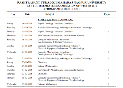 BSc 5th Sem Time Table Exam Date Winter 2016 Nagpur University Bsc time table Nagpur University