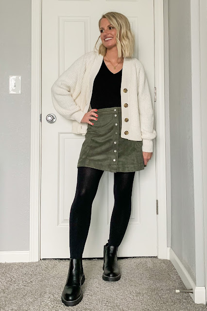 Chelsea boots with a skirt and tights