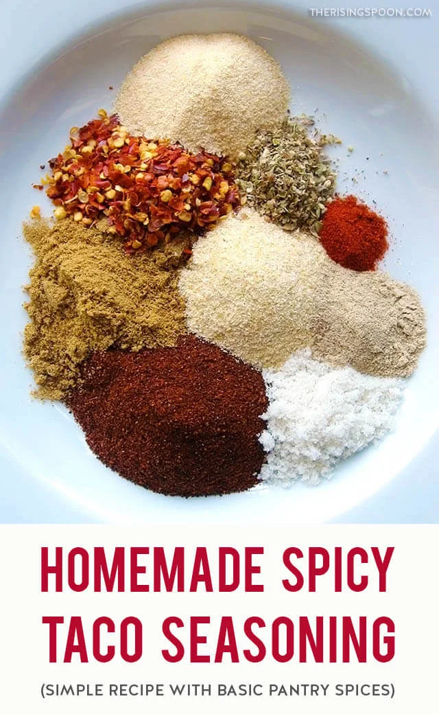 A simple recipe for a slightly spicy homemade taco seasoning mix made by blending dry spices from your kitchen pantry. Make your own to save money, cut down on sodium in pre-packaged brands, and avoid artificial ingredients! Adjust the heat level to your taste by reducing or increasing the amount of pepper.
