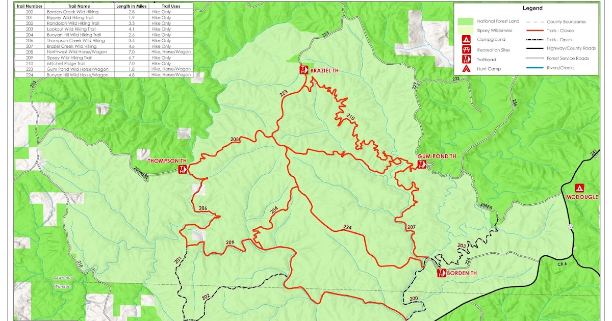 Sipsey Wilderness Trail Map Alabama Bankhead National Forest Hiking Map