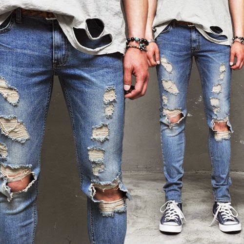 Mens Damaged Open Knee Slim Light Blue-Jeans 180 | Fast Fashion Mens ...