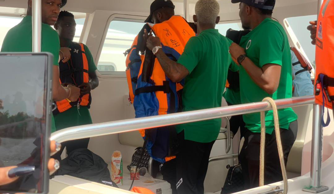 BREAKING: Super Eagles arrive Benin Republic by boat, in high spirit
