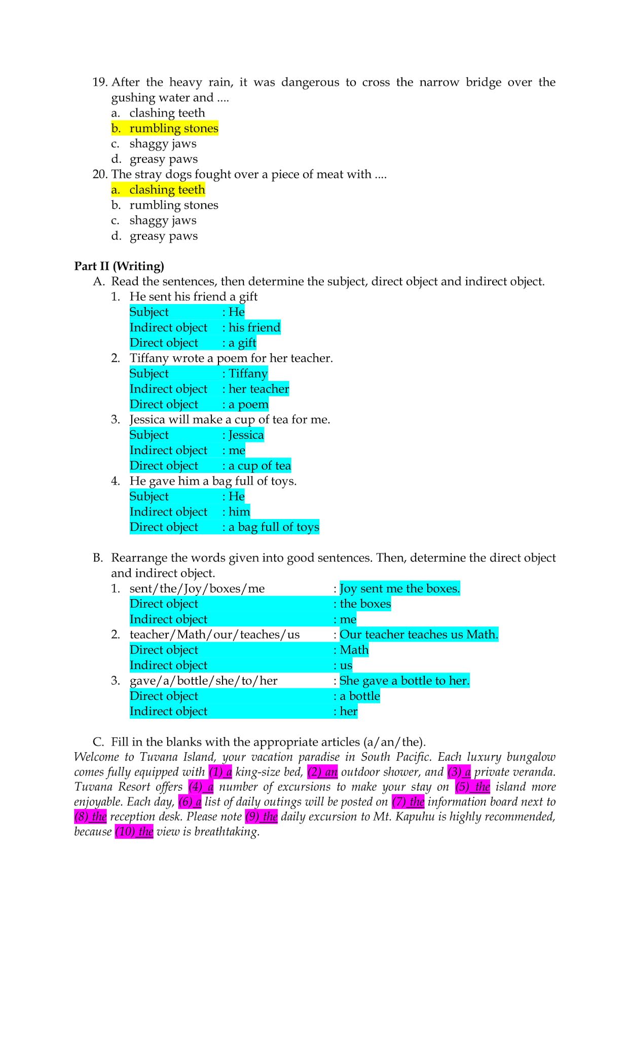 Answer Key of English Monthly Test I Grade 5 SD BPS