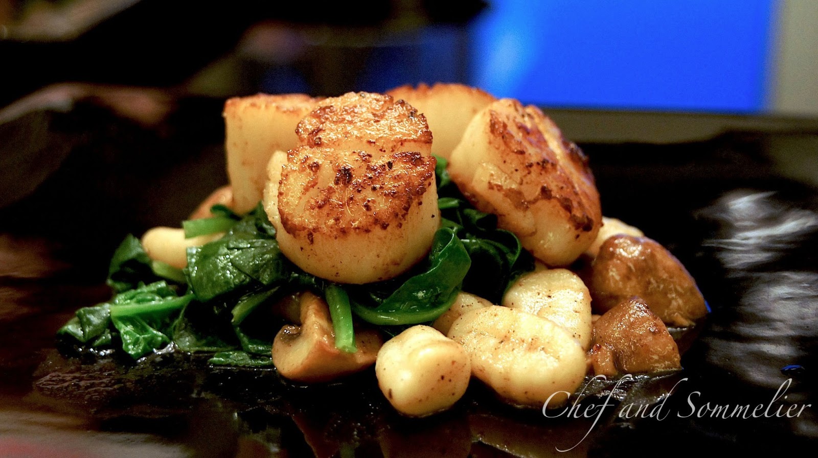 Chef and Sommelier Scallops with Spinach and Mushroom Gnocchi