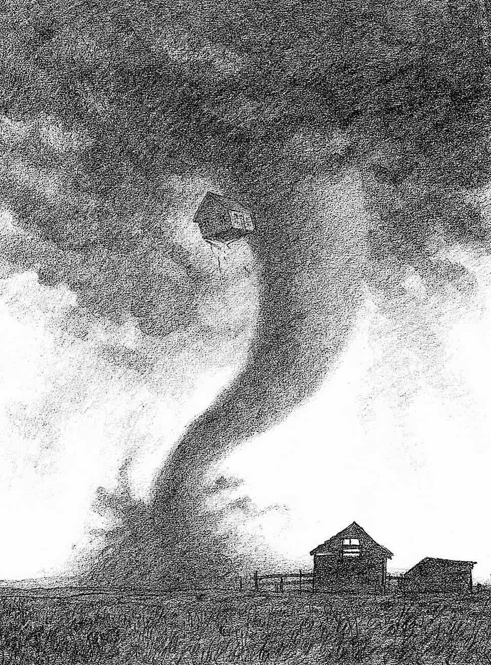 Greg Hildebrandt a Greg Hildebrandt illustration, the Wizard Of Oz tornado house in a twister