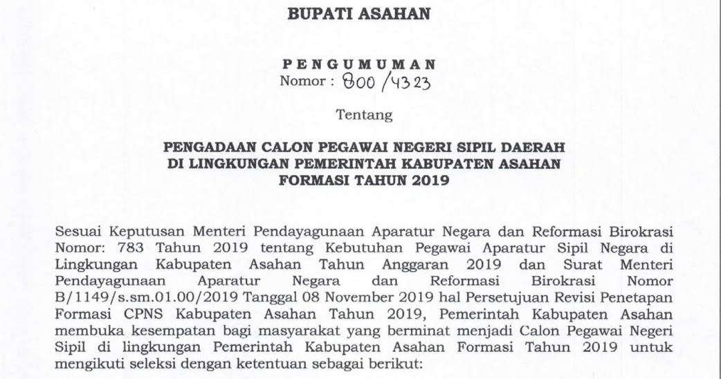 Penerimaan Cpns Kabupaten Asahan Sumatera Utara Tahun 2019
