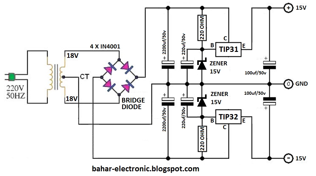 BAHAR ELECTRONIC: POWER SUPPLY SIMETRIS 15V PAKAI TRANSISTOR TIP31 DAN