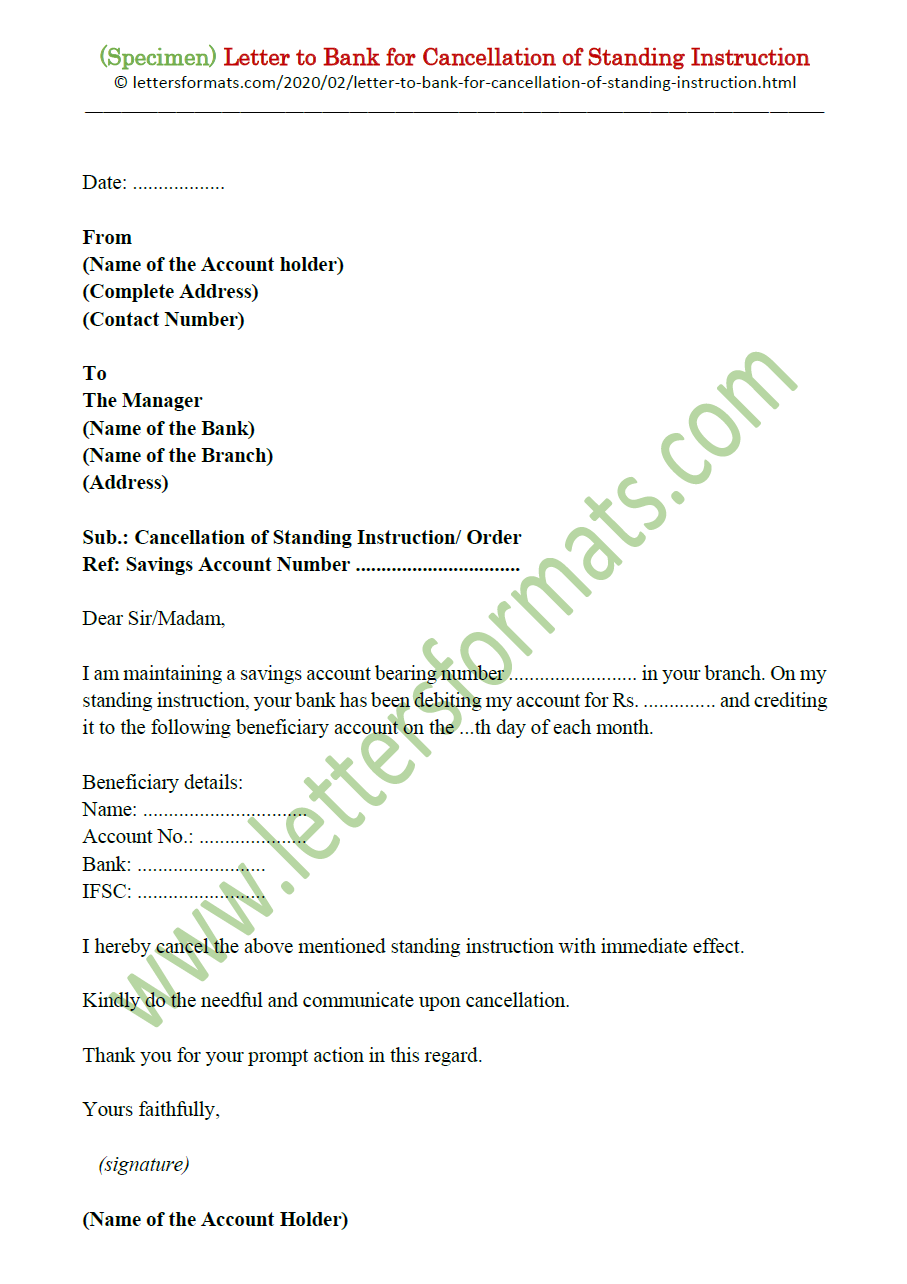 Letter to Bank for Cancellation of Standing Instruction/ Order With Letter Of Instruction Template