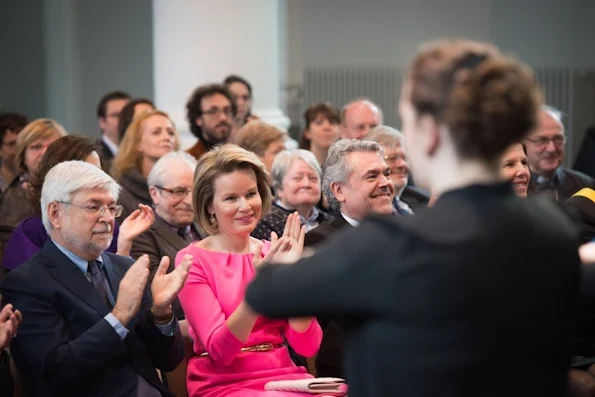 Queen Mathilde of Belgium meets with students during a visit to the Higher Institute of Music and Pedagogy