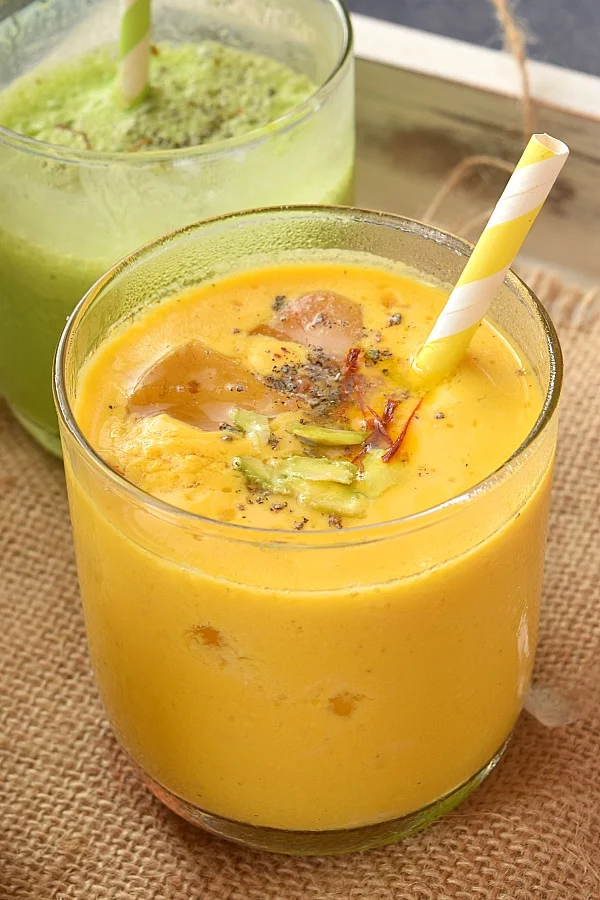 Close up of Mango Lassi served in a glass