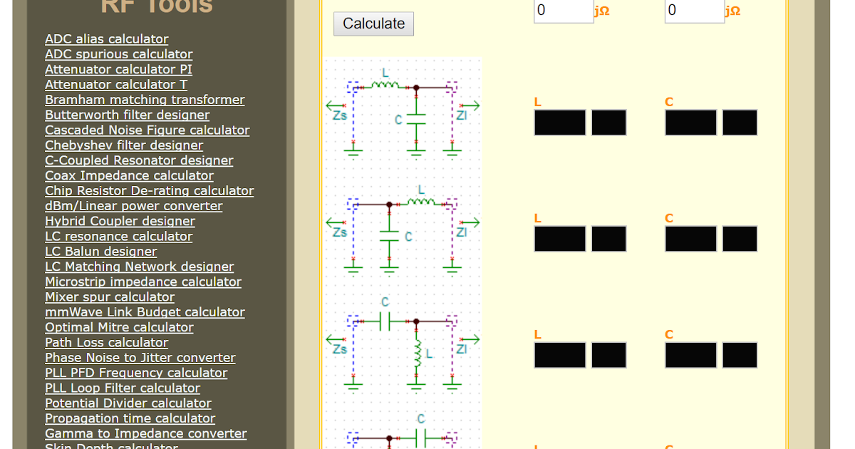 AA6RE Ham Rado and Electronics Calculator for Design of Matching Circuits