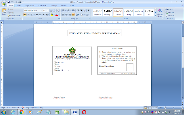 Format kartu anggota perpustakaan sekolah