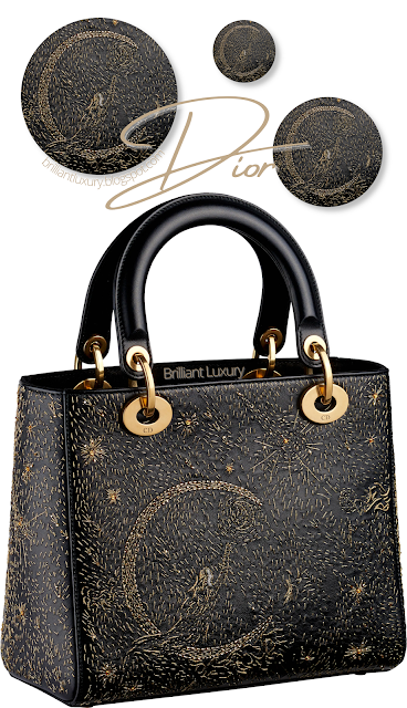 ♦Black Lady Dior golden pearl stitched top handle bag with moon motif #brilliantluxury