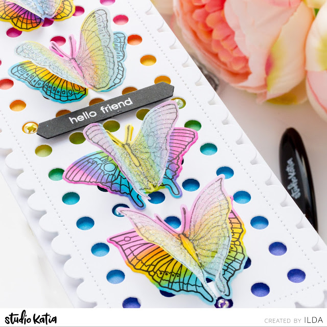 ink blending,Butterflies,card,copic markers,rainbow,DOTTED SLIMLINE SET 3,Studio Katia,Card Making, Stamping, Die Cutting, handmade card, ilovedoingallthingscrafty, Stamps, how to,
