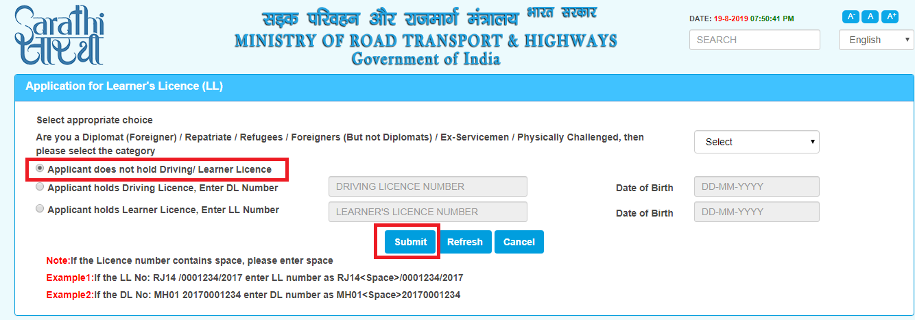 driving licence online apply karnataka