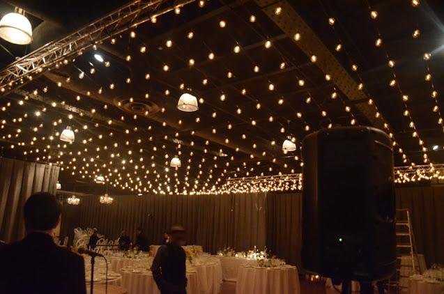 A canopy of lights with round G50 bulbs hanging over the dance floor at The Lighthouse at Chelsea Piers