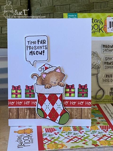 Time fur presents mew by Sue features Meowy Christmas, Newton's Stocking, and Speech Bubbles by Newton's Nook Designs; #inkypaws, #newtonsnook, #cardmaking, #catcards, #christmascards, #holidaycards