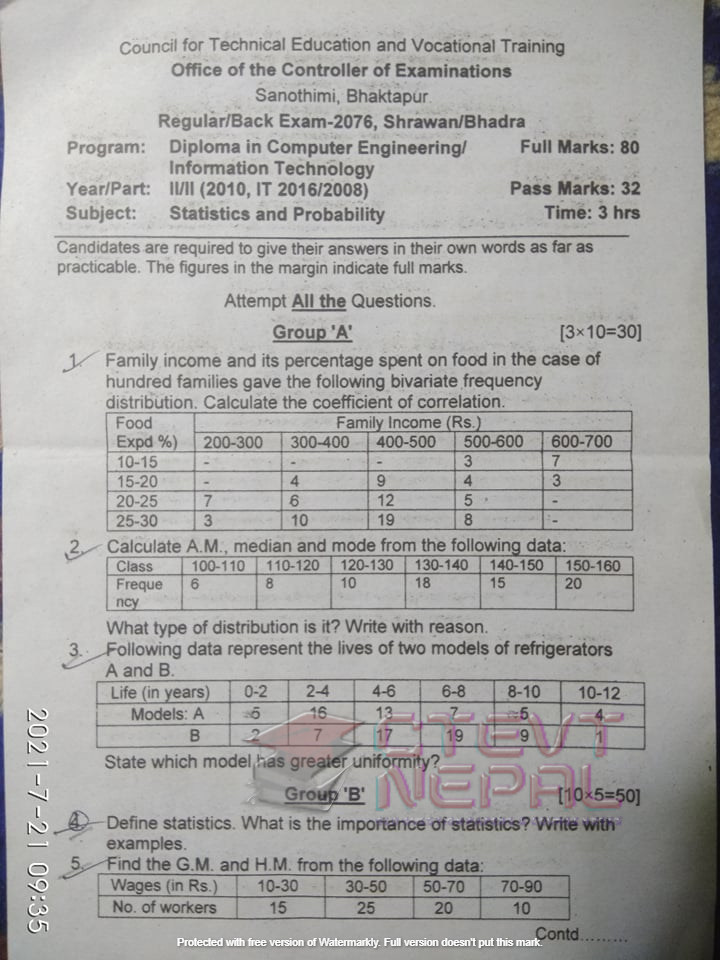 Statistics and Probability - Fourth Semester Questions Papers CTEVT ...
