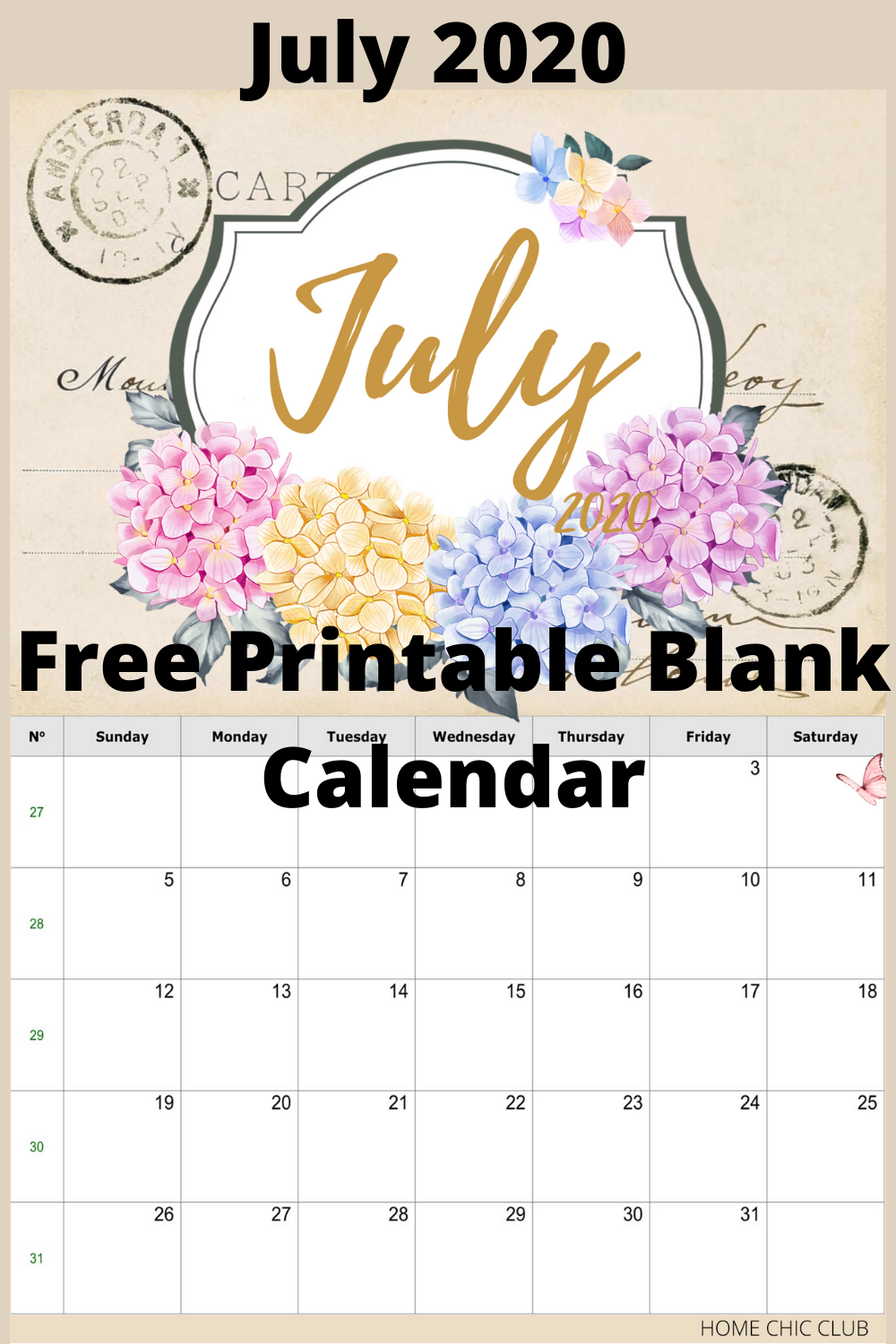 July 2020 Free Printable Blank Calendar | Home Chic Club: July 2020