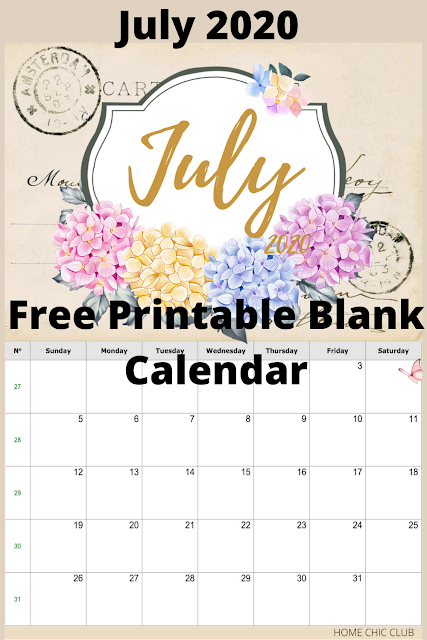 July 2020 Free Printable Blank Calendar | Home Chic Club: July 2020 ...