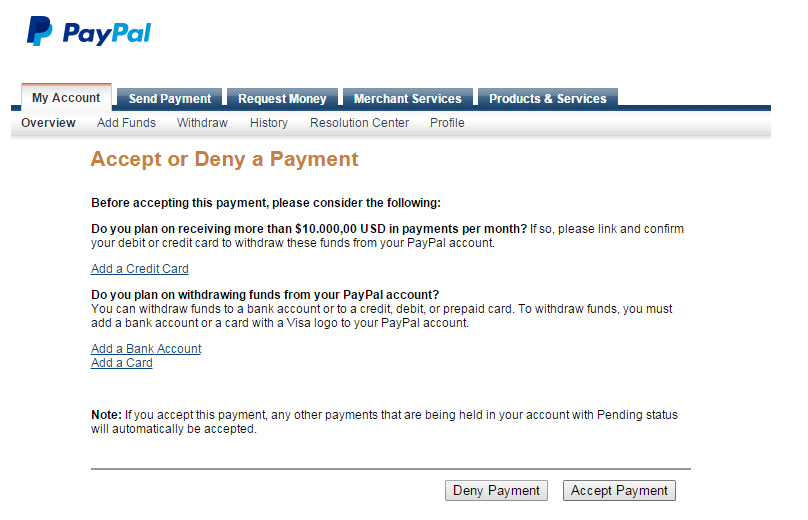 Your account is limited. PAYPAL link a u.s. Bank account. Payment denied 3d.