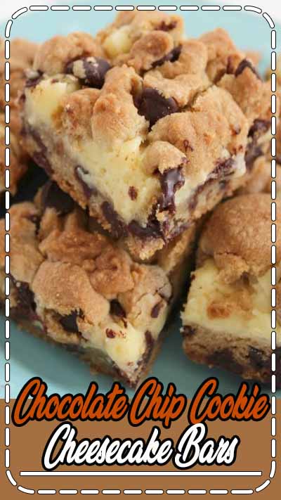 Need a an easy dessert - make these chocolate chip cookie cheesecake bars. YUM! They are the perfect marriage of chocolate chip cookies and cheescake!