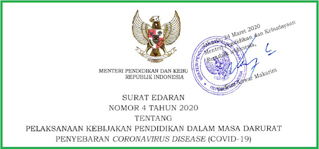 Surat Edaran Nomor 4 Tahun 2020 Tentang Pelaksanaan Kebijakan Pendidikan Dalam Masa Darurat Penyebaran Coronavirus Disease (Covid-19)