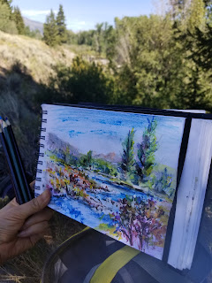 First time trying watercolor pencil sketch the landscape @ North Fork Big Wood River, Idaho