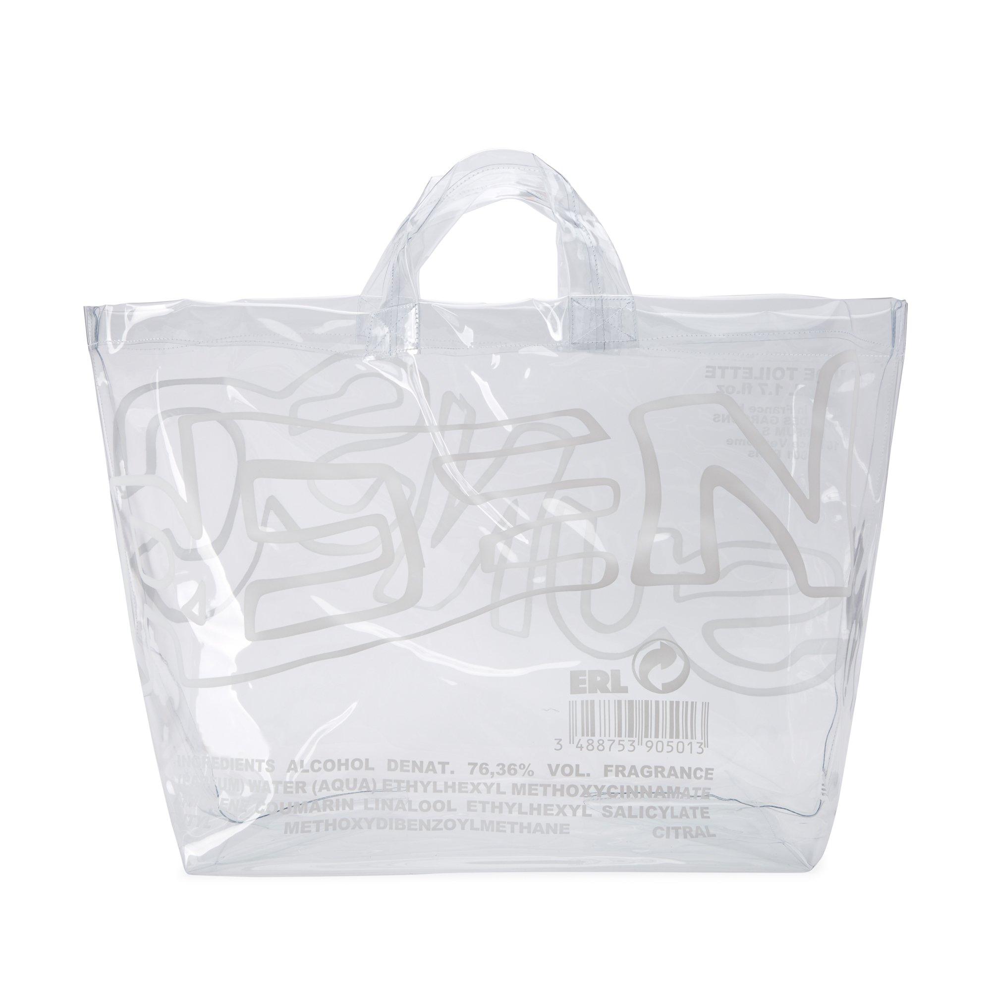Transparent tote bag from ERL with a top carry handle and SUNSCREEN wraparound print. 100% PU Made in Italy £185.00