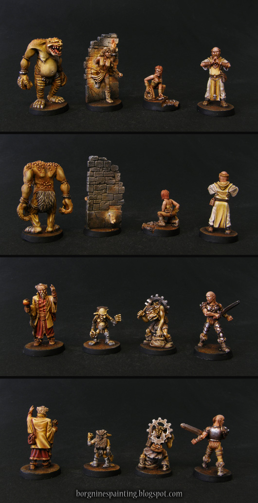 Showcase of 8 fantasy miniatures from Dungeon Twister, the whole yellow team