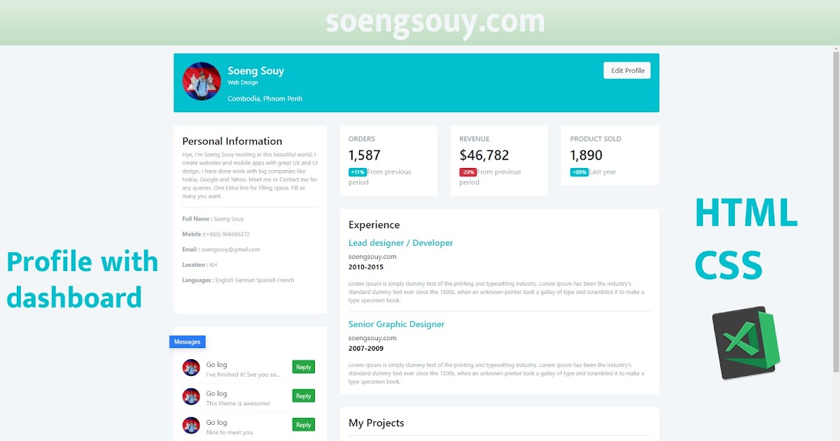 Profile with dashboard using HTML CSS