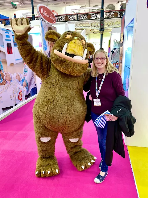Me posing for a photo with a giant gruffalo character at the Toy Fair London Olympia January 2020