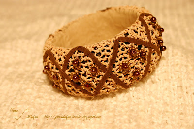 Knitted leather bangle with beads made by Gunadesign