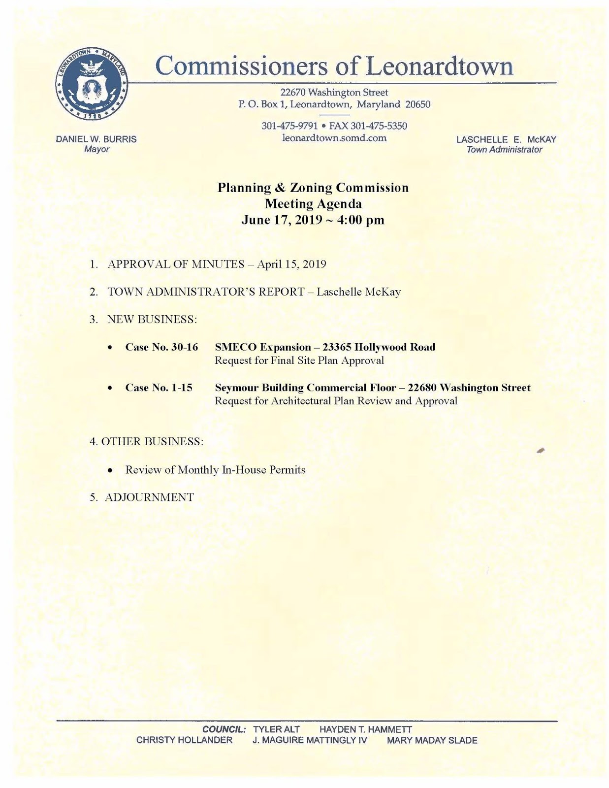 Leonardtown Maryland News Planning and Zoning Meeting Agenda for