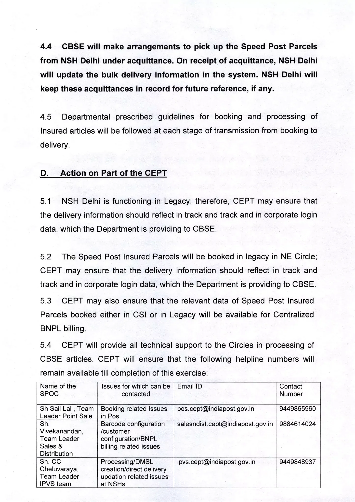 Regarding return of Speed Post Insured Parcels to CBSE booked at BNPL ...