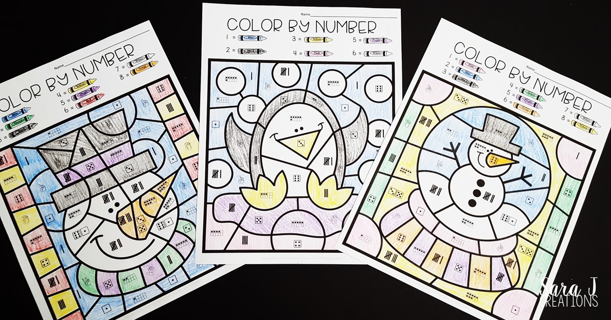 Free Kindergarten Math Worksheets for Winter - Color By Number