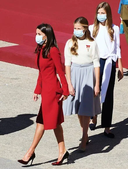 Princess Leonor and Infanta Sofia.  Felipe Varela Andrea red coat from the Spring Summer 2017 collection, Lodi pumps