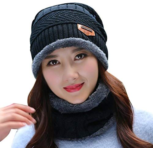 Coffee Pollyhb 2-Pieces Winter Beanie Hat and Scarf Set Thick Fleece Lined Multifunction Warm Knit Windproof Skull Cap Hats for Men Women Gift 