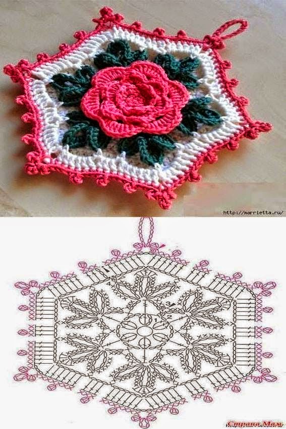 Agarradera hexagonal con centro de flor tejida al crochet - con diagrama