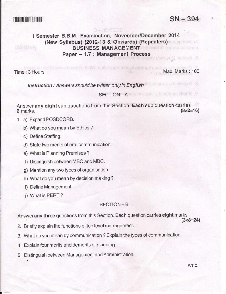 Bangalore University B.B.M. BUSINESS MANAGEMENT PAPER 1.7 MANAGEMENT