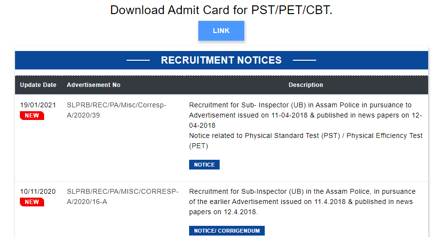 Assam Police UB & AB PST & TET Admit Card Download