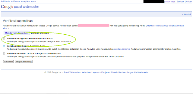 Cara Daftar Blog ke Google Webmaster Tools - Halaman Verifikasi Kepemilikan Metode Alternatif