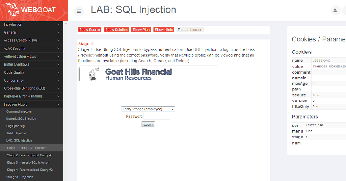 SQL-Injection Stage I - String SQL injection ~ Webgoat SQL Injection