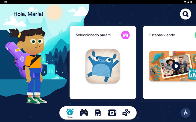 Pantalla de Kid Space con un avatar junto a 2 cajas de contenido y 5 iconos de acción debajo.
