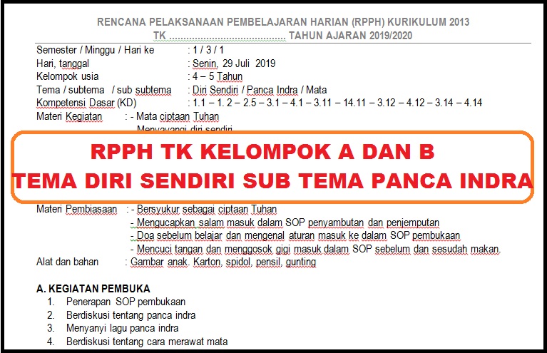 RPPH TK KELOMPOK A DAN B TEMA DIRI SENDIRI SUB TEMA PANCA