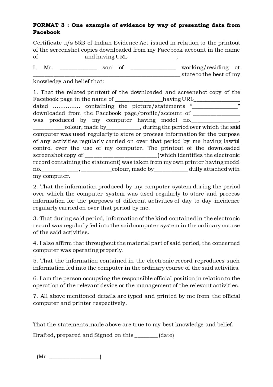 65B Certificate Format Certificate u/s 65B Indian evidence act