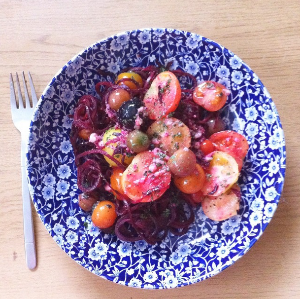 Vegan Tea Room Cooked Beetroot Noodles with Tomatoes and Balsamic Vinegar