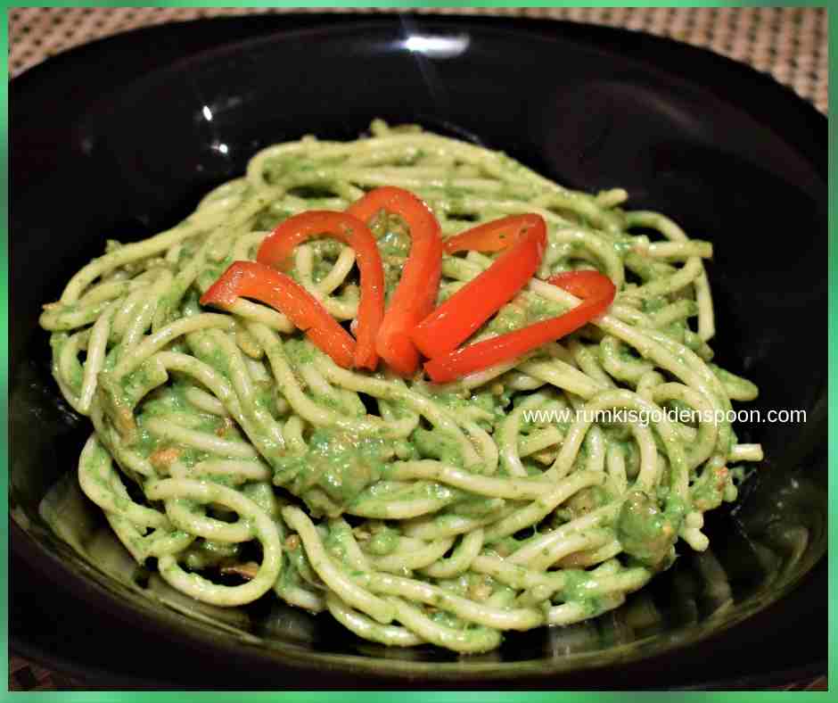 Pasta recipe with avocado, pasta recipe with spinach, spaghetti recipes, world cuisine with exotic fruits, continental food recipes with avocados, continental food recipes with spinach, healthy pasta recipes, coloured pasta recipe, Rumki's Golden Spoon