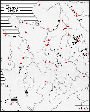 Прибалтийско-финская и саамская топонимия Севера по карте А. К. Матвеева (Матвеев А.К. 1969, 46.)1 – прибалтийско-финские; 2 – саамские названия.