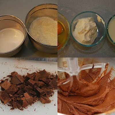 picture collage - batter in stainless bowls, frosting in glass bowl, chopped up dark chocolate, finished chocolate frosting in mixer bowl with beater